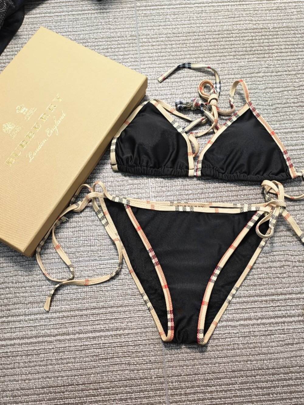 Burberry Black Check Trim Triangle Tie Bikini Set